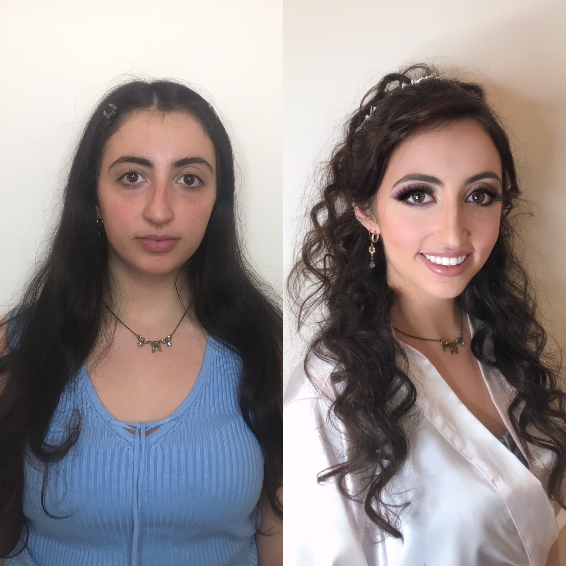 A person’s photos of before and after bridal makeup look