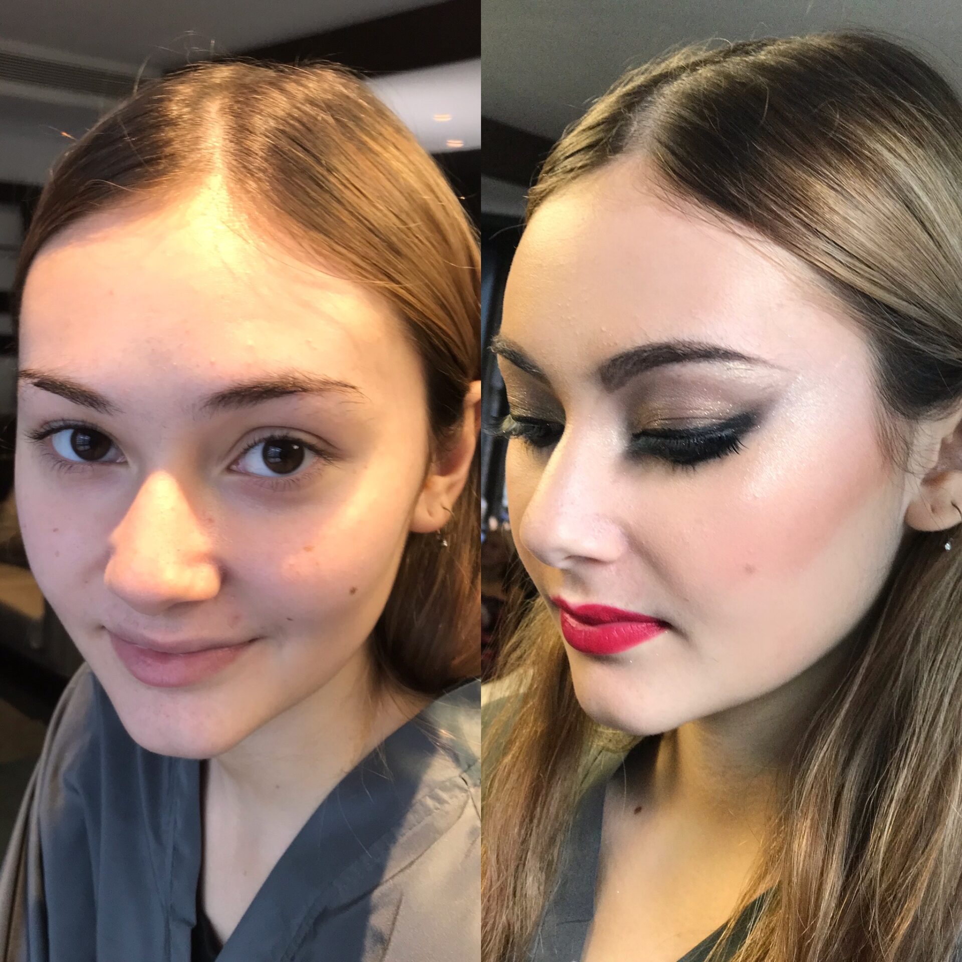 A collage of a person’s before and after makeup look