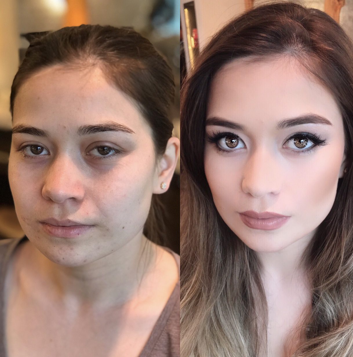 Portraits of a person’s bare face and with makeup
