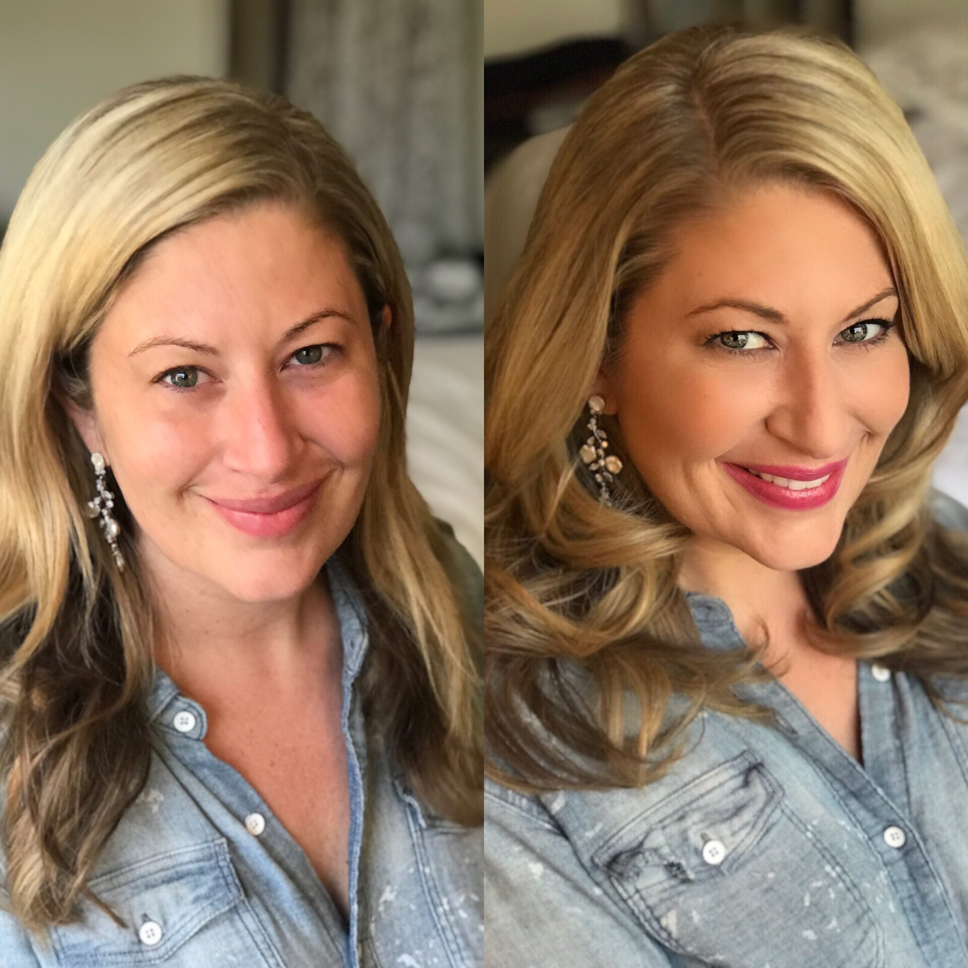 A before and after makeup look of a person wearing a denim blouse