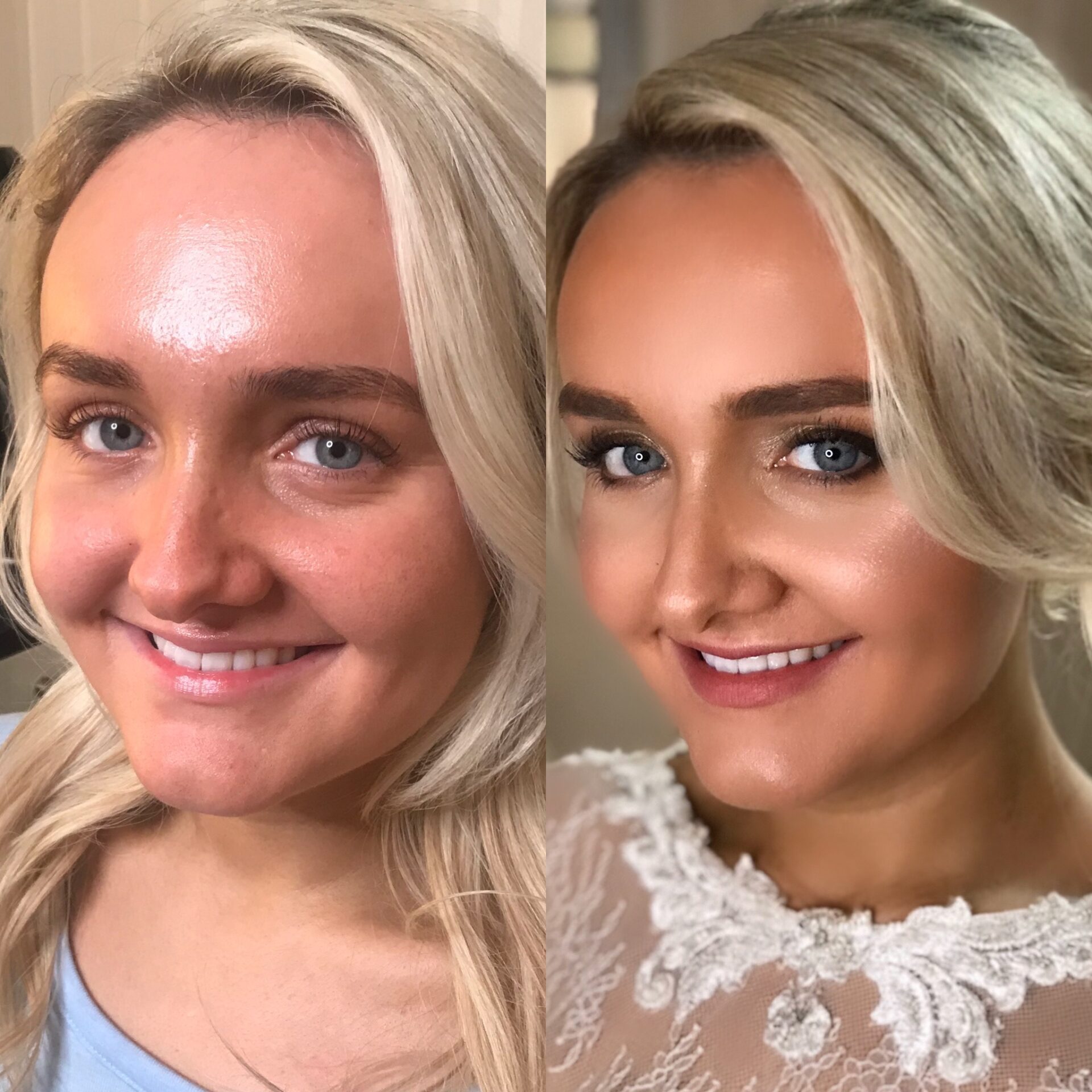 A person’s before and after bridal makeup look